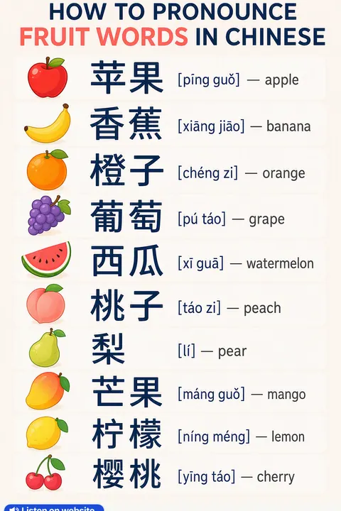 How To Pronounce Fruit in Chinese vocabulary chart