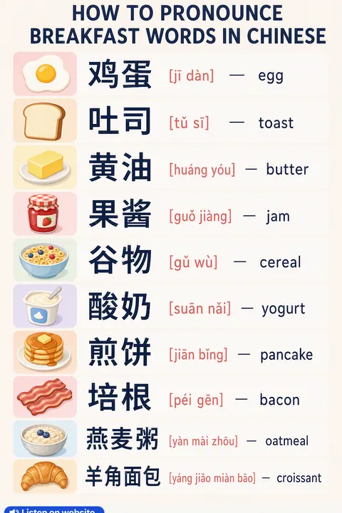 How To Pronounce Breakfast in Chinese vocabulary chart