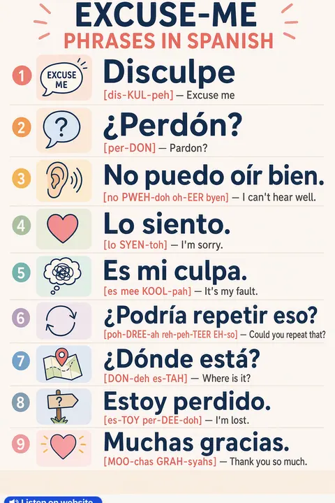 Excuse-me in Spanish vocabulary chart