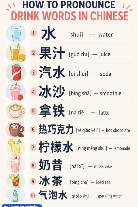 How To Pronounce Drink in Chinese vocabulary chart