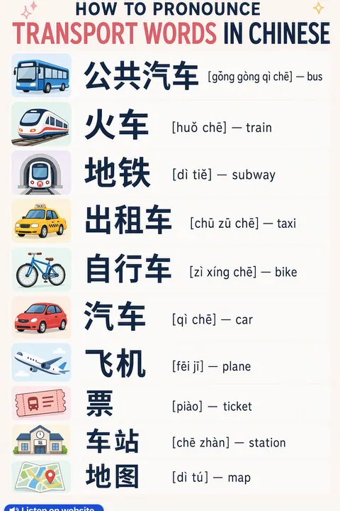 How To Pronounce Transport in Chinese vocabulary chart