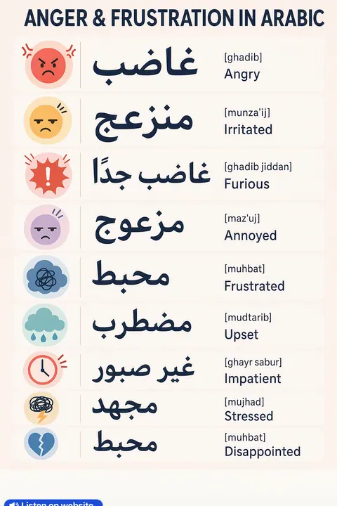 Anger & frustration in Arabic vocabulary chart