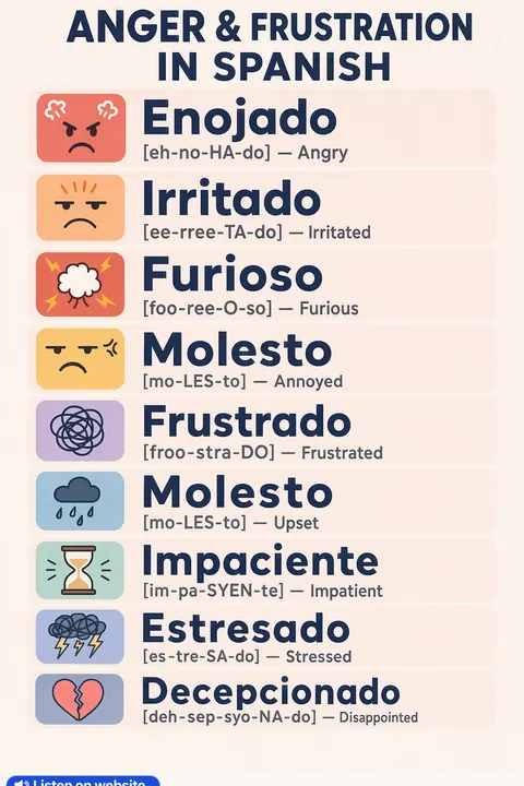 Anger & frustration in Spanish vocabulary chart