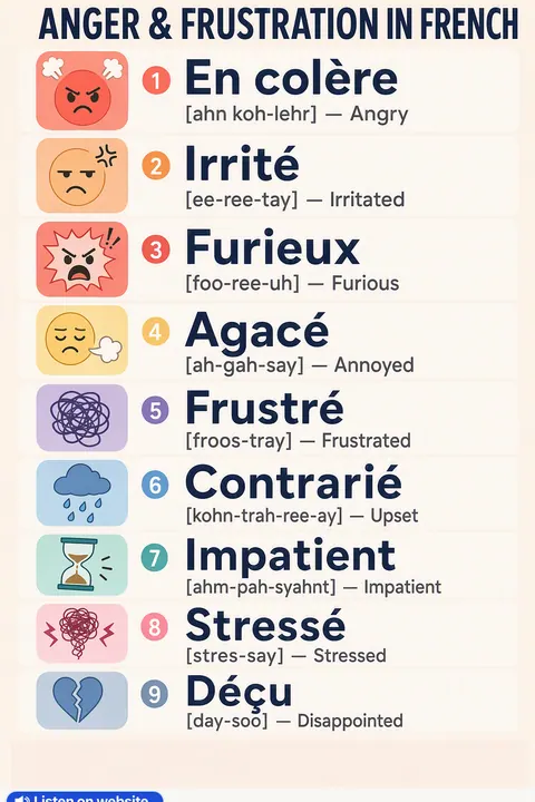 Anger & frustration in French vocabulary chart