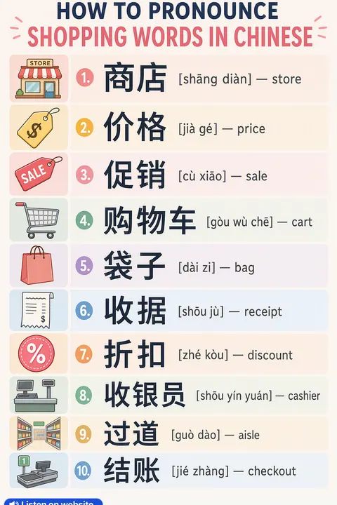 How To Pronounce Shopping in Chinese vocabulary chart
