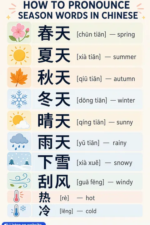 How To Pronounce Season in Chinese vocabulary chart
