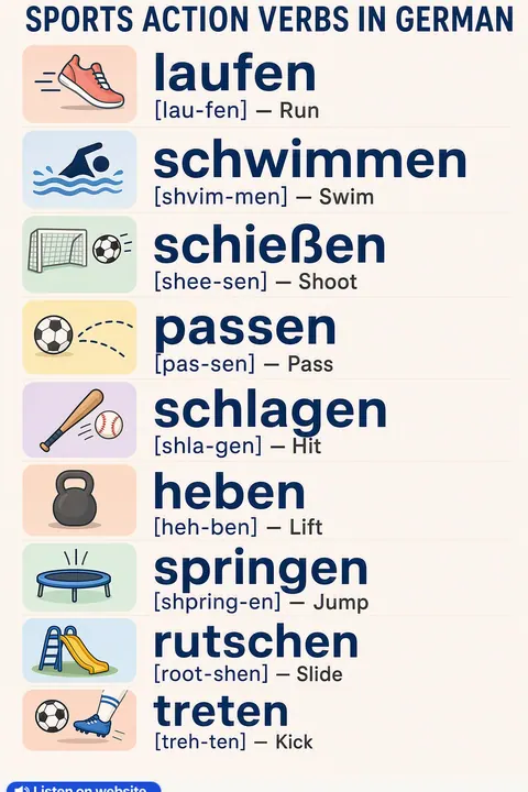 Sports action verbs in German vocabulary chart