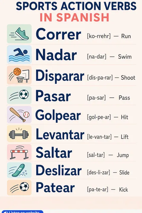 Sports action verbs in Spanish vocabulary chart