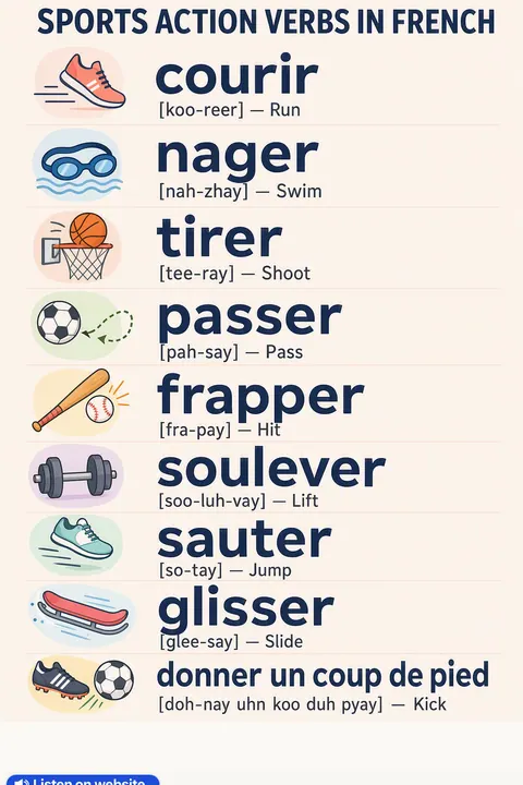 Sports action verbs in French vocabulary chart