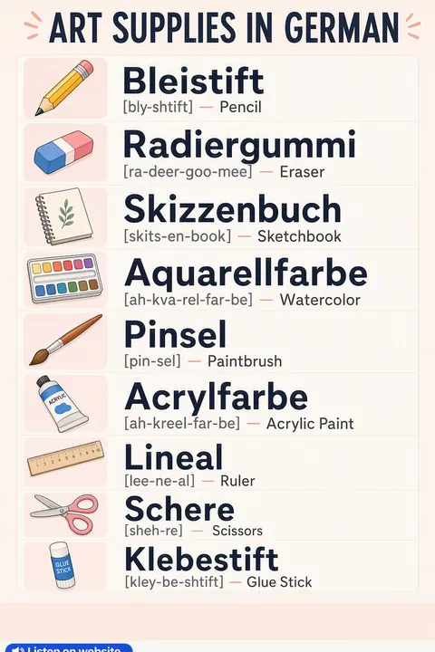 Art supplies in German vocabulary chart