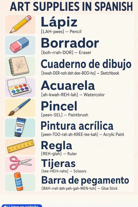 Art supplies in Spanish vocabulary chart