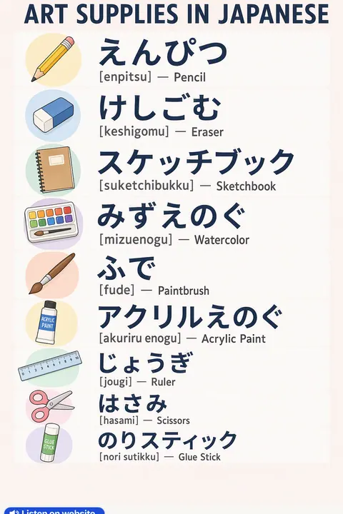 Art supplies in Japanese vocabulary chart