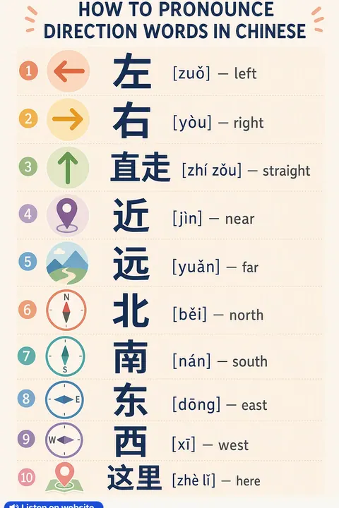 How To Pronounce Direction in Chinese vocabulary chart