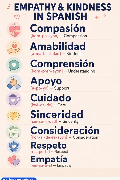 Empathy & kindness in Spanish vocabulary chart
