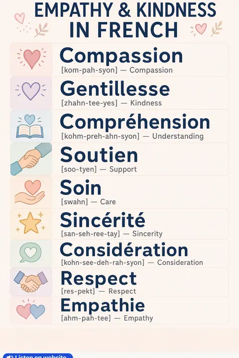 Empathy & kindness in French vocabulary chart