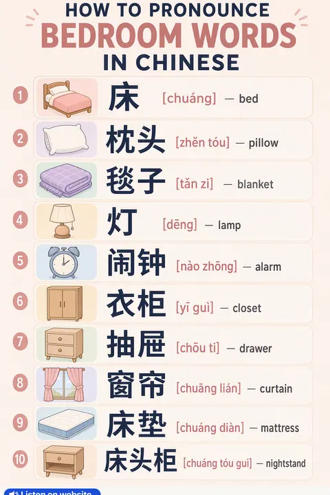 How To Pronounce Bedroom in Chinese vocabulary chart