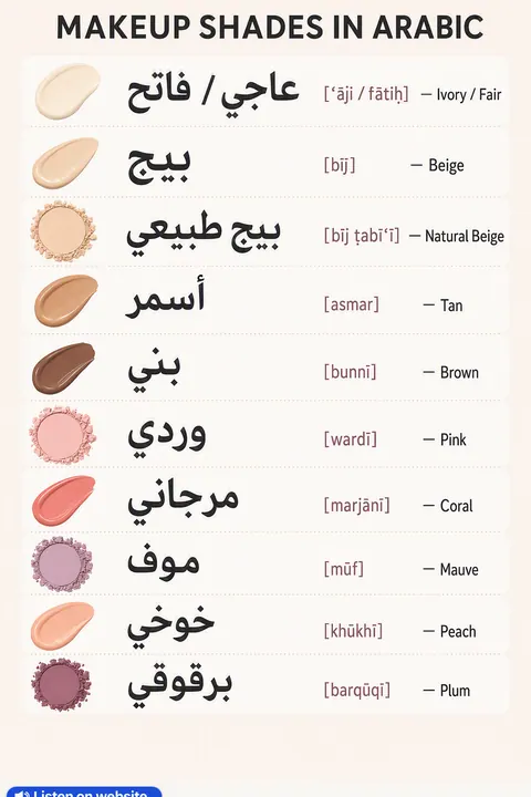 Makeup Shades in Arabic vocabulary chart