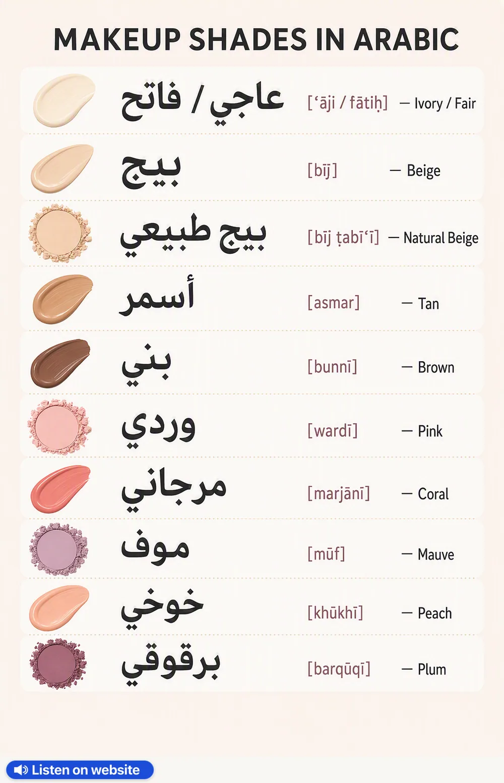 Makeup Shades in Arabic — vocabulary chart for English speakers