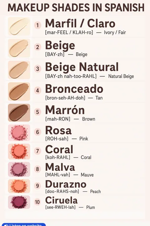 Makeup shades in Spanish vocabulary chart