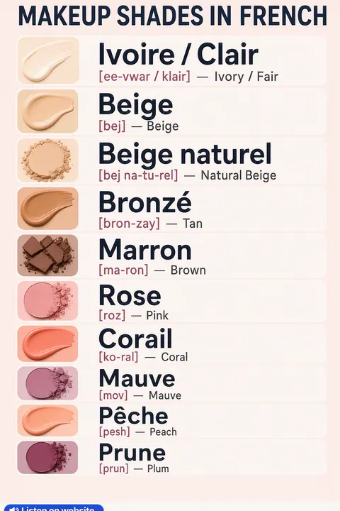 Makeup shades in French vocabulary chart