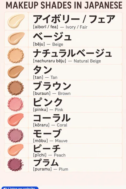 Makeup Shades in Japanese vocabulary chart