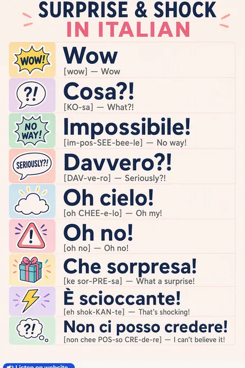 Surprise & Shock in Italian vocabulary chart