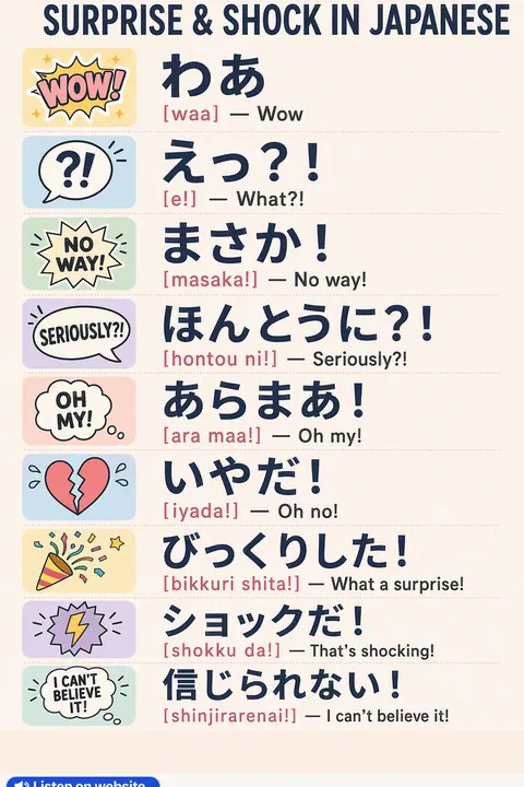 Surprise & Shock in Japanese vocabulary chart