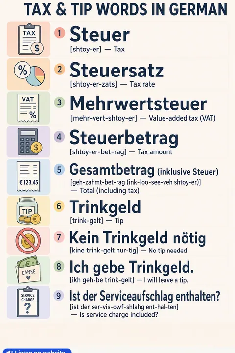 Tax & Tip in German vocabulary chart