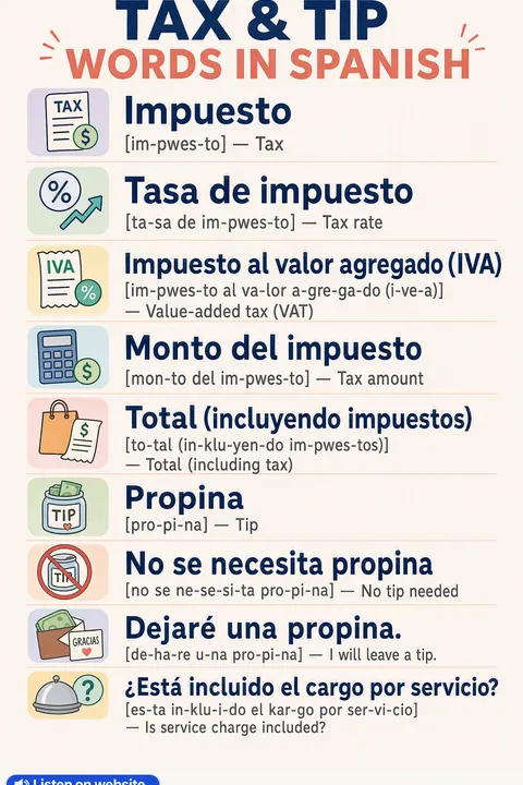 Tax & Tip in Spanish vocabulary chart