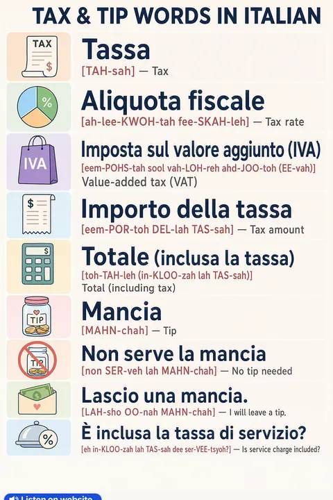 Tax & Tip in Italian vocabulary chart