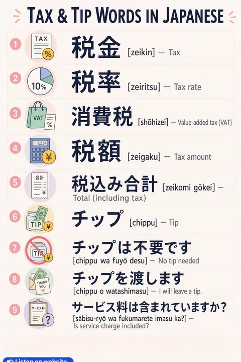 Tax & Tip in Japanese vocabulary chart