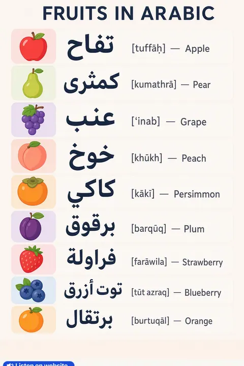 Fruits in Arabic vocabulary chart