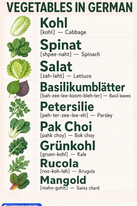 Vegetables in German vocabulary chart