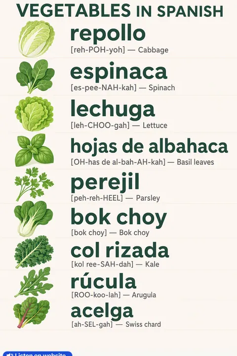 Vegetables in Spanish vocabulary chart