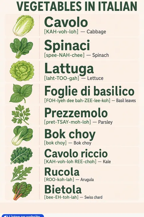 Vegetables in Italian vocabulary chart