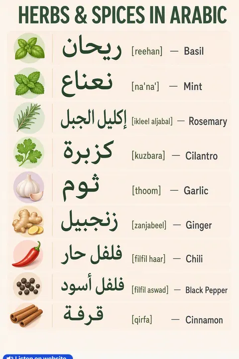 Herbs & Spices in Arabic vocabulary chart