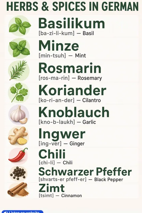 Herbs & spices in German vocabulary chart