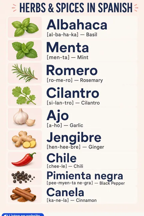 Herbs & spices in Spanish vocabulary chart