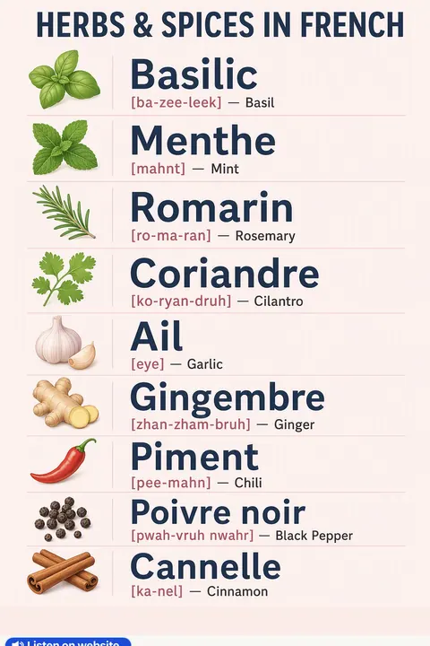 Herbs & spices in French vocabulary chart