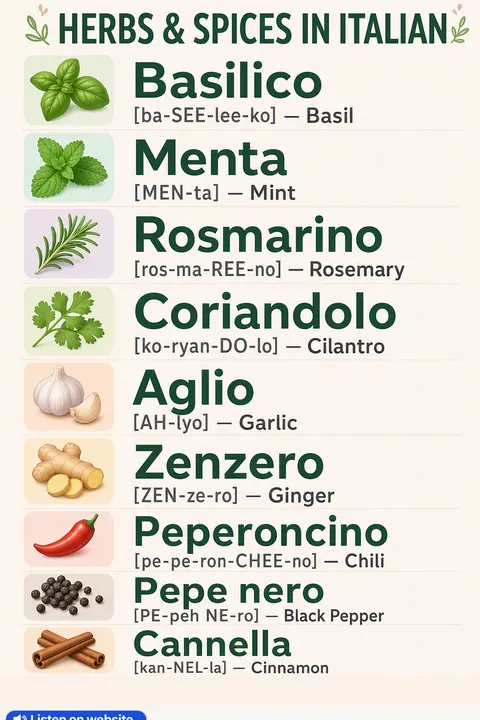 Herbs & spices in Italian vocabulary chart