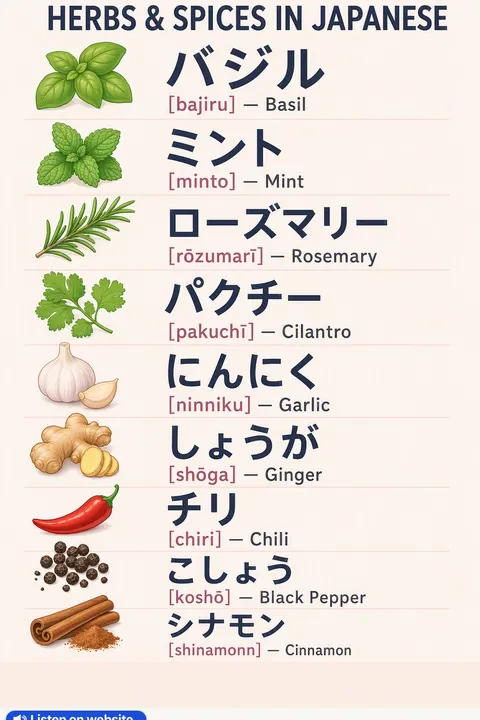 Herbs & Spices in Japanese vocabulary chart