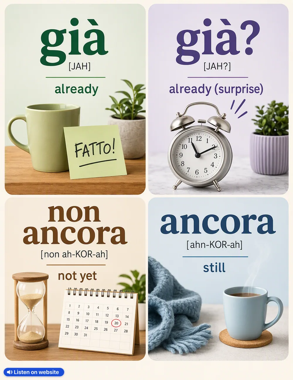 Already vs yet in Italian — vocabulary chart for English speakers