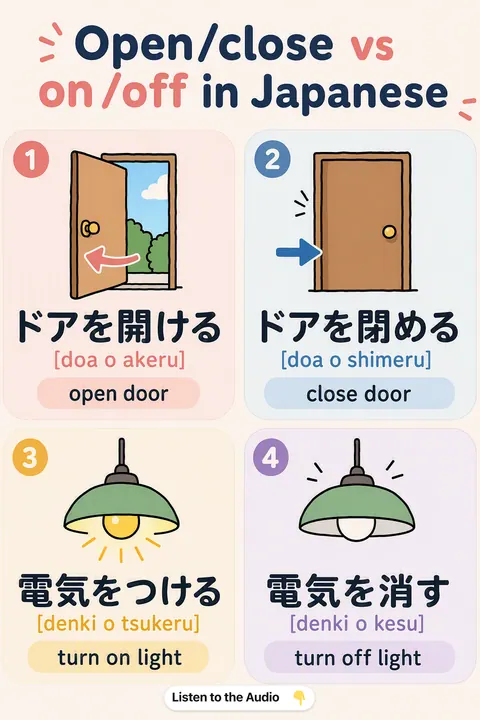 Open/close vs on/off in Japanese vocabulary chart
