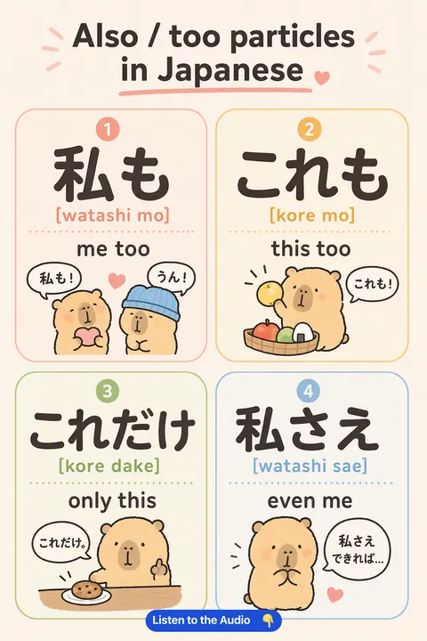 Also / too particles in Japanese vocabulary chart