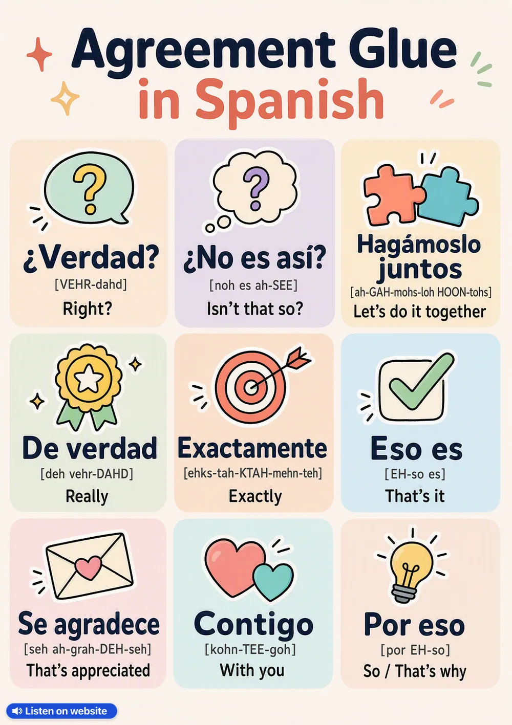Agreement Glue in Spanish — vocabulary chart for English speakers