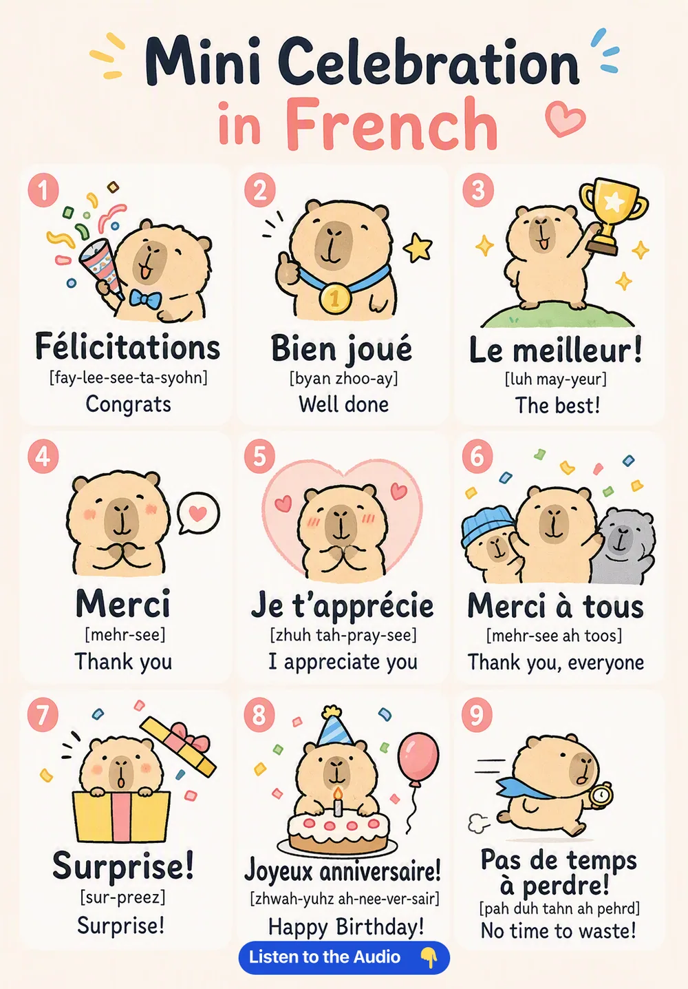Mini Celebration in French — vocabulary chart for English speakers