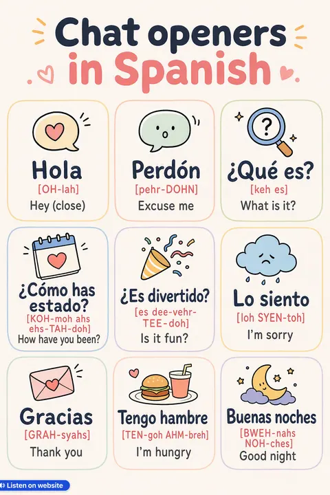 Chat openers in Spanish vocabulary chart