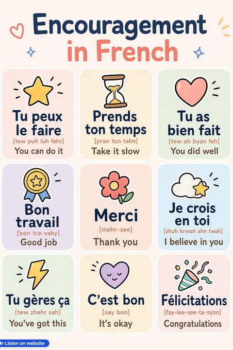 Encouragement in French vocabulary chart