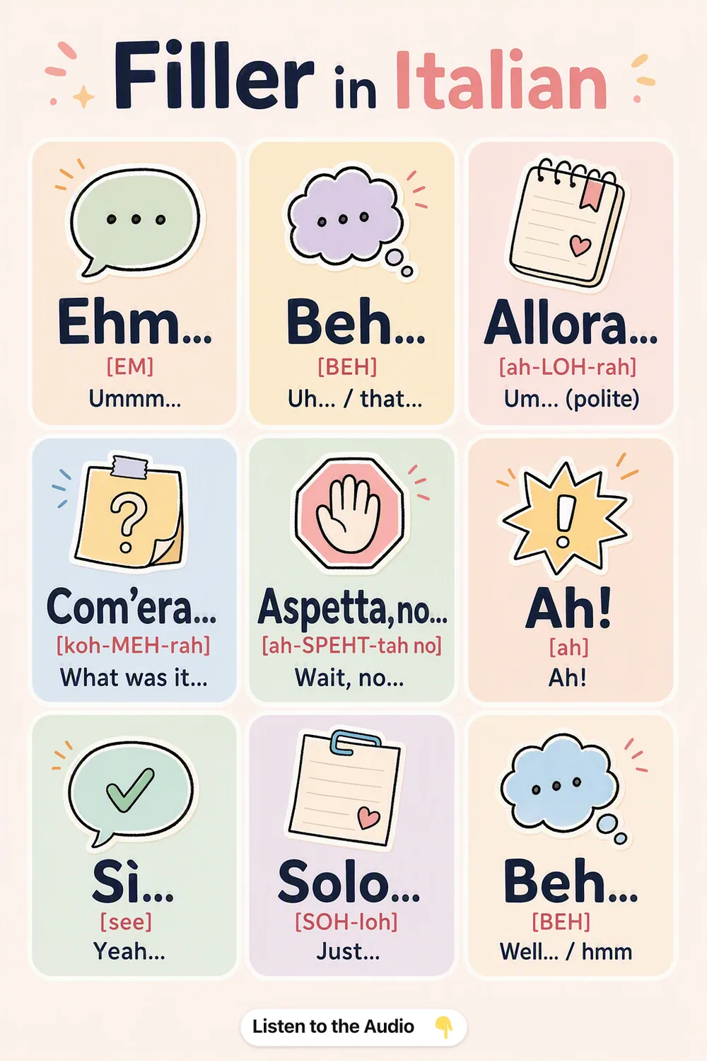 Filler in Italian — vocabulary chart for English speakers