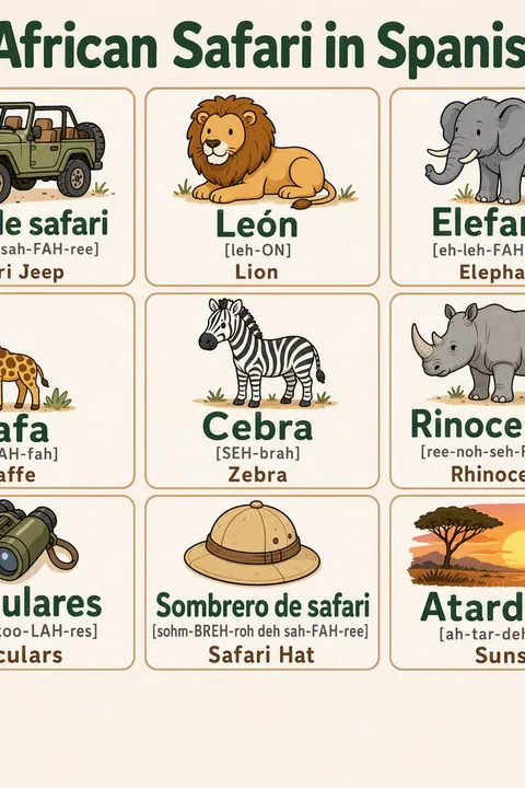 African Safari in Spanish vocabulary chart